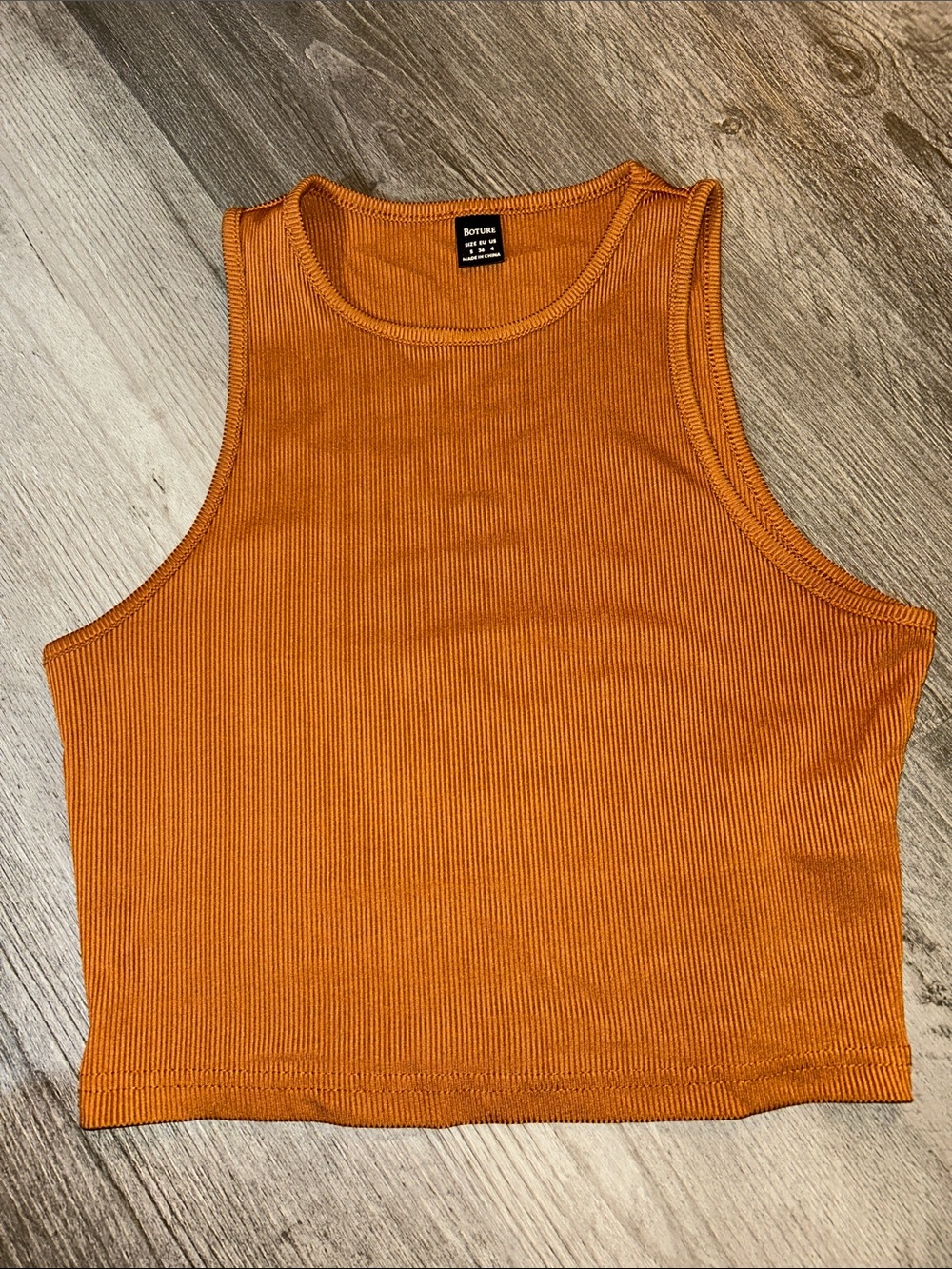 Orange/rust colored Ribbed Cropped Tank - Sleeveless High Neck